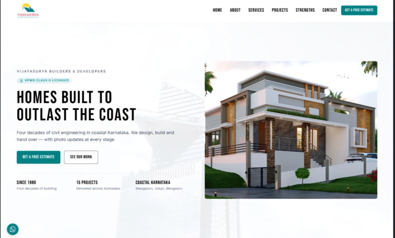 Vijayasurya Builders & Developers website homepage showcasing residential construction and project services